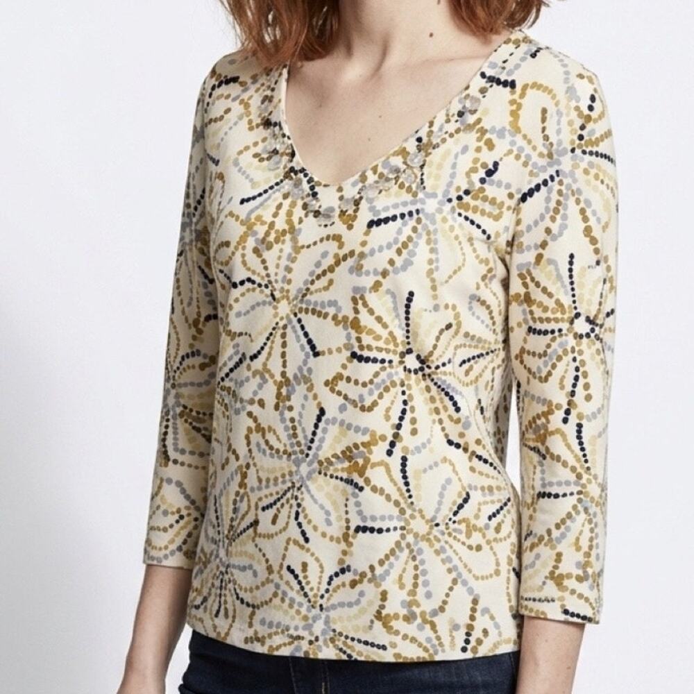 Ruby Rd. Women’s Small Medallion Print Blouse – Beaded V‑Neck